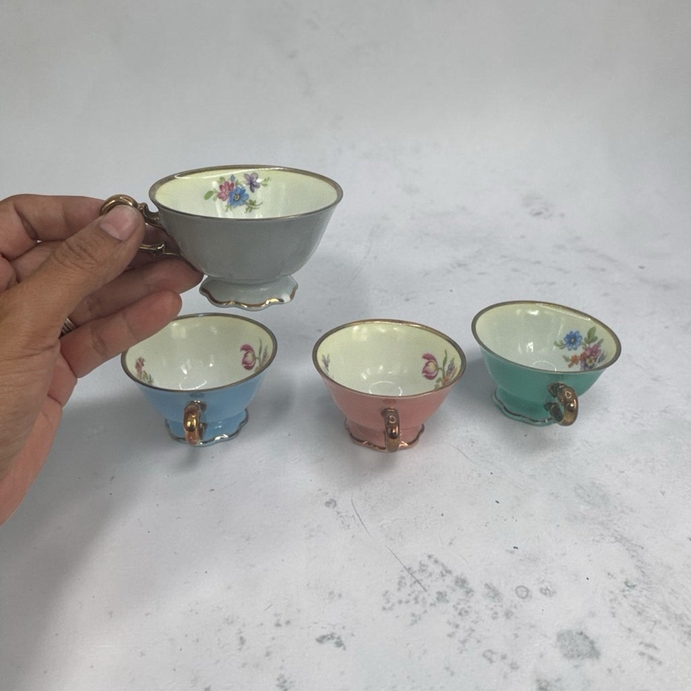 Vintage Tirschenreuth Bavaria Pastel Demitasse Teacup Set 4 Flowers Gold Gilt